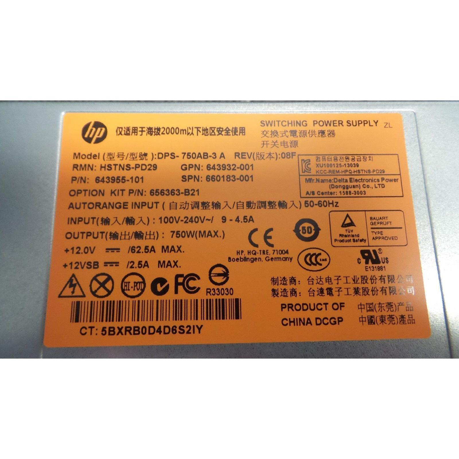 HP Power HP 660183-001 DL380p Gen8 750W PLATINUM PLUS POWER SUPPLY 643955-101 643932-001