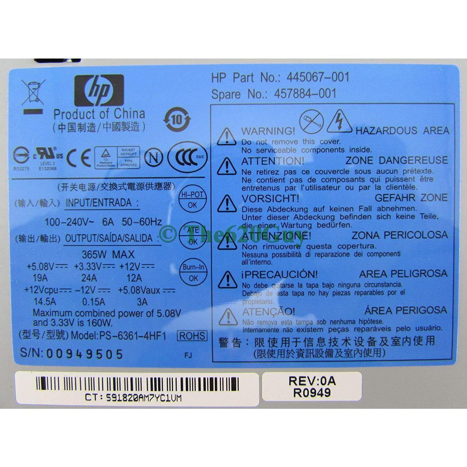 HP Power HP ML110 G5 PS-6361-4HF1 365W +12V ATX Server Power Supply 457884-001 445067-001