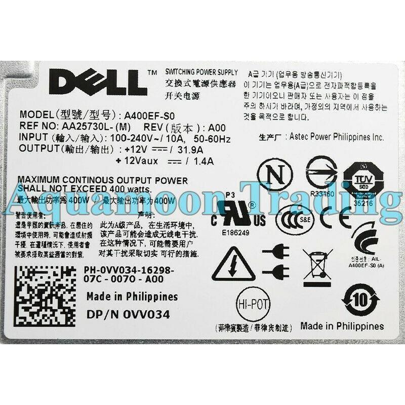 Dell Power N884K VV034 Dell PowerEdge T310 Tower PSU 400W Power Supply AA25730L 400EF-S0 729161333191