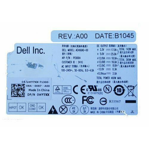 Dell Power Dell 460W Power Supply Unit PSU XPS 7100, 8300 Systems, D460AD-00