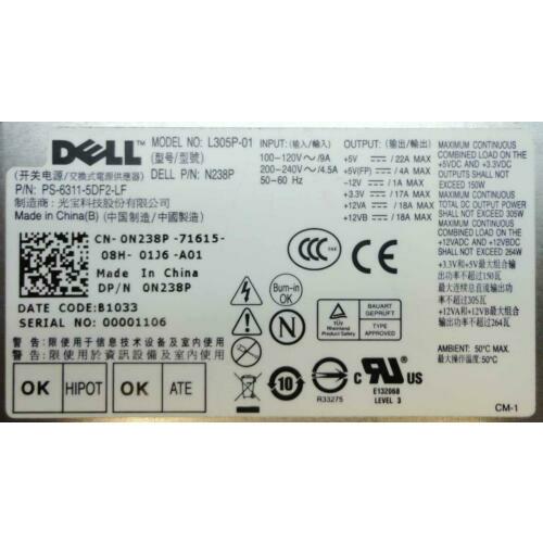 Dell N238P 305W PSU L305P-01 - Connector View | Alo Tech Solutions