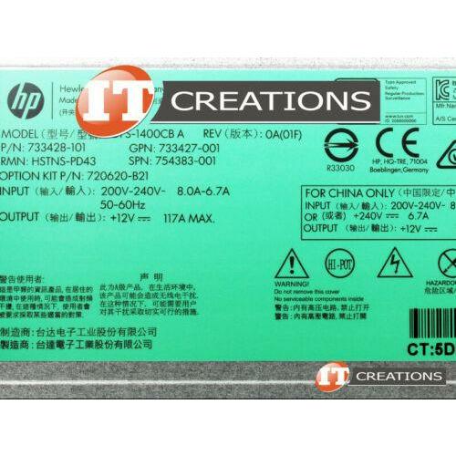 HPE 733428-101 1400W Platinum PSU for DL360 DL380 Gen9 - Label View | Alo Tech Solutions