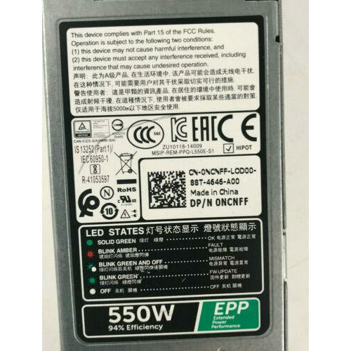 Dell R330 R430 550W EPP 80+ Platinum Power Supply Dell P/N: 0NCNFF