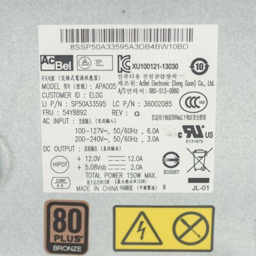 Lenovo ThinkCentre M72z M73z M92z M93z AIO 150W 80+ Bronze Power Supply 54Y8892