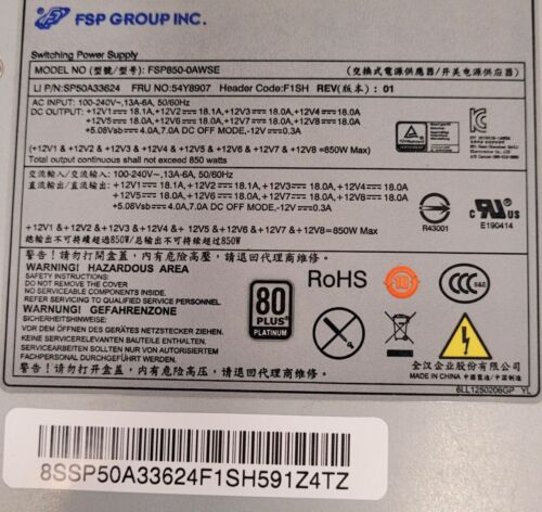 Lenovo P500 P510 P700 P710 850W LiteOn 80Plus Platinum Power Supply 54Y8907