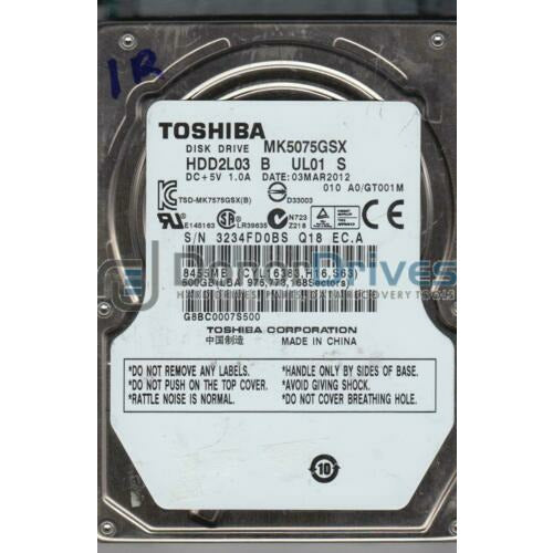 MK5075GSX, A0/GT001M, HDD2L03 B UL01 S, Toshiba 500GB SATA 2.5 Hard Drive disco