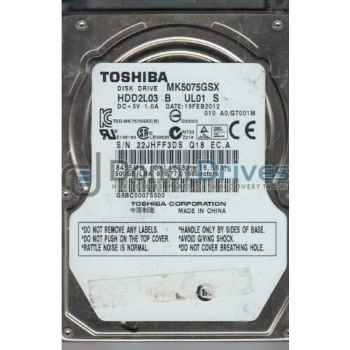 MK5075GSX, A0/GT001M, HDD2L03 B UL01 S, Toshiba 500GB SATA 2.5 Hard Drive disco