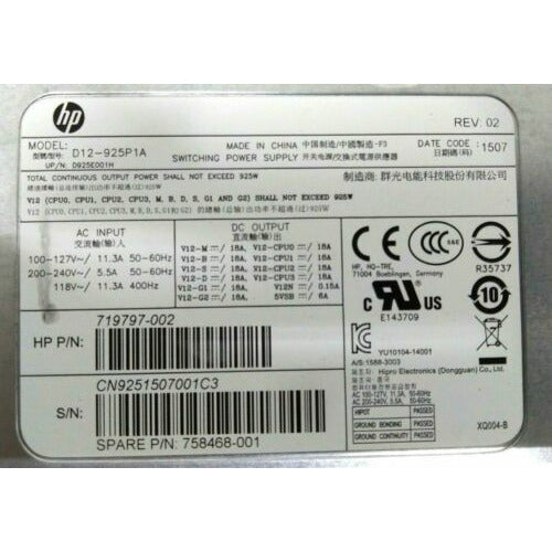 HP D12-925P1A Switching Power Supply 719797-002 925W for Z640 Workstation fuente