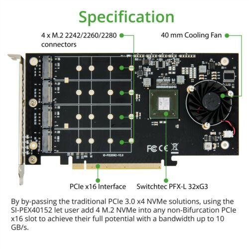 Controladora Quad M.2 M-key NVMe Slot PCIe 3.0 x16 Bifurcation Riser Controller Card Non-RAID - MFerraz Tecnologia