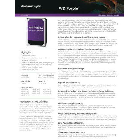 WD Purple WD121PURZ 12TB Surveillance 7200 RPM 3.5" SATA lll Internal 6 Gb/s