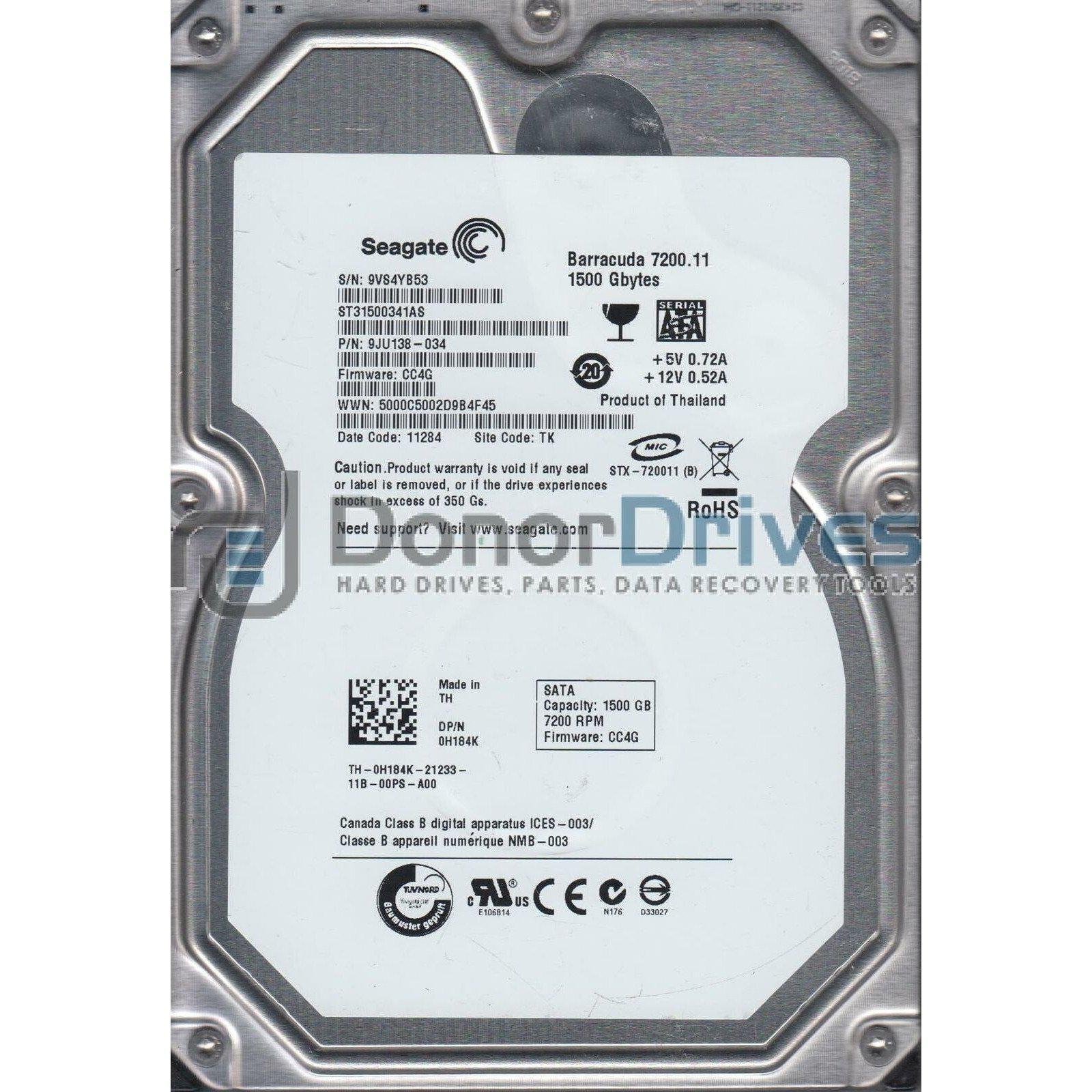 ST31500341AS, 9VS, TK, PN 9JU138-034, FW CC4G, Seagate 1.5TB SATA 3.5 Hard Drive