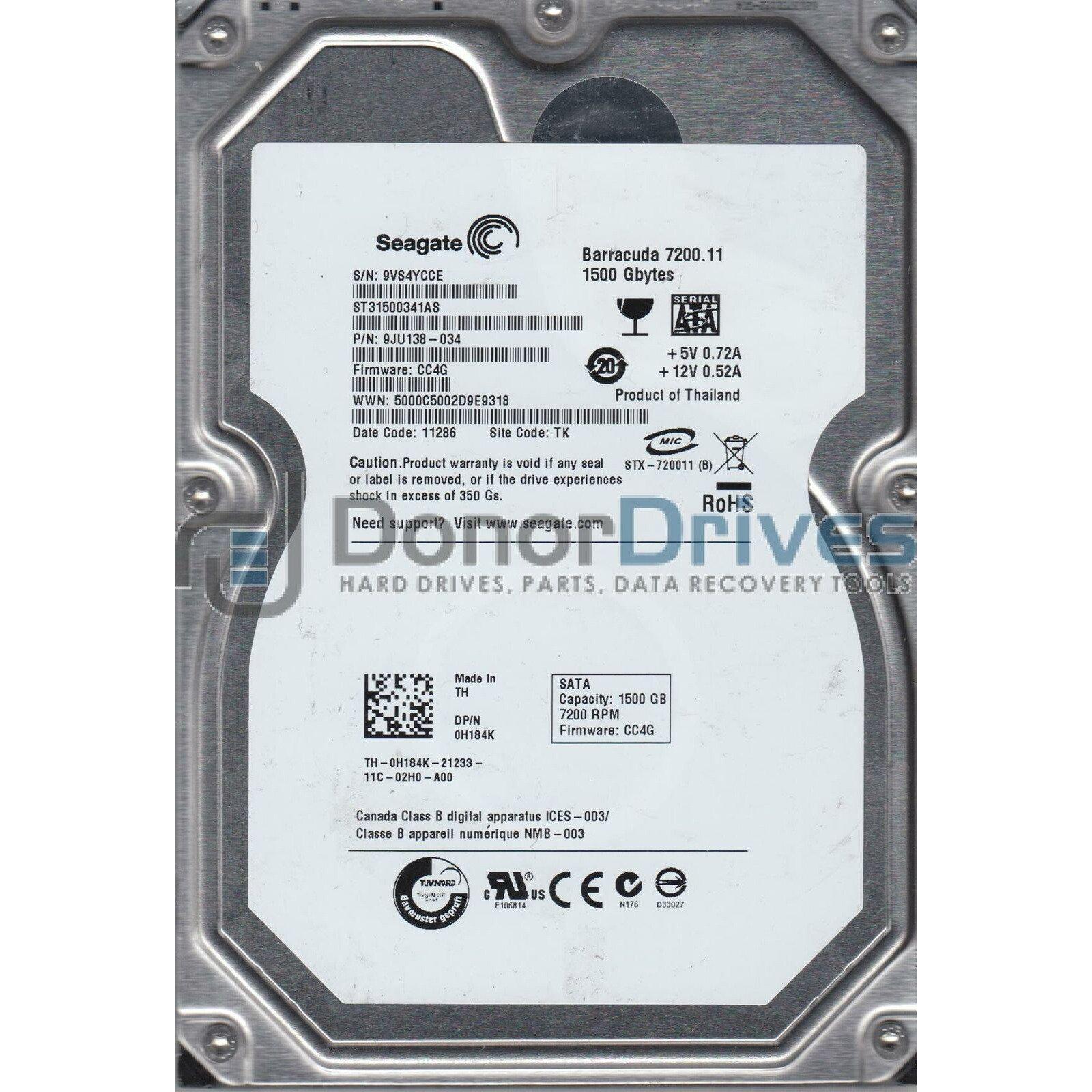 ST31500341AS, 9VS, TK, PN 9JU138-034, FW CC4G, Seagate 1.5TB SATA 3.5 Hard Drive