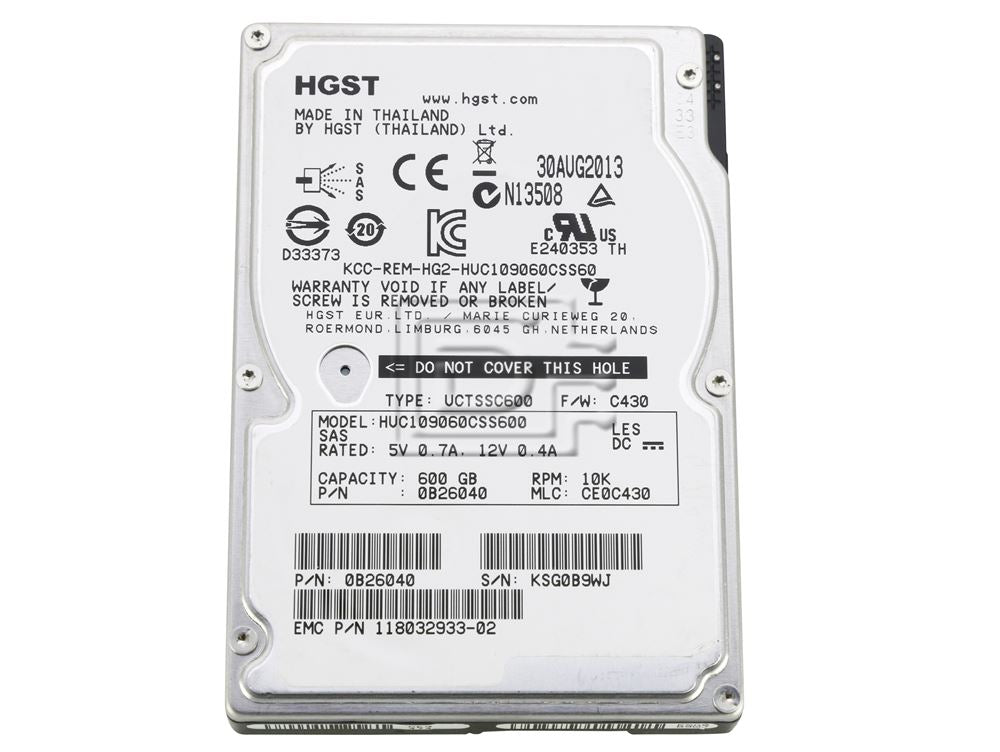 EMC 118032933-02 / HGST Ultrastar C10K900 0B26040 / HUC109060CSS600 600GB 10K 6Gbps SFF SAS HDD