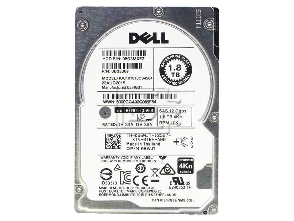 HGST Ultrastar C10K1800 0B33069 / 96WJT / HUC101818CS4204 1.8TB 2.5" 12Gbps 10K 4Kn Enterprise SAS Hard Drive