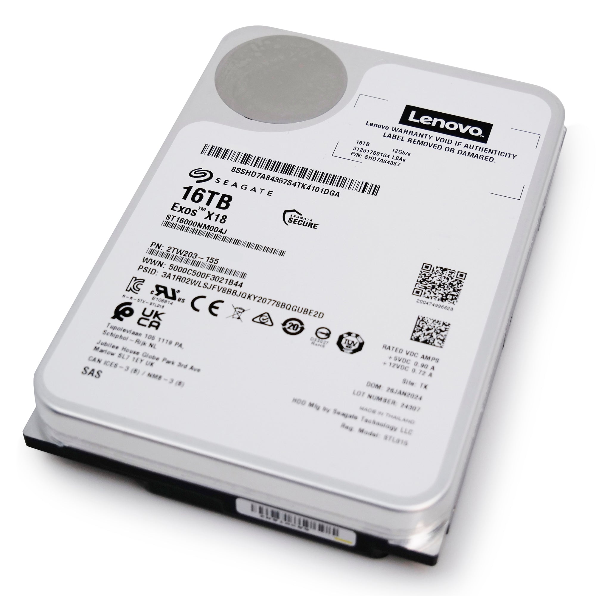Seagate/Lenovo Exos X18 ST16000NM004J SHD7A84367 16TB 7.2K RPM SAS 12Gb/s 512e 3.5in Refurbished HDD