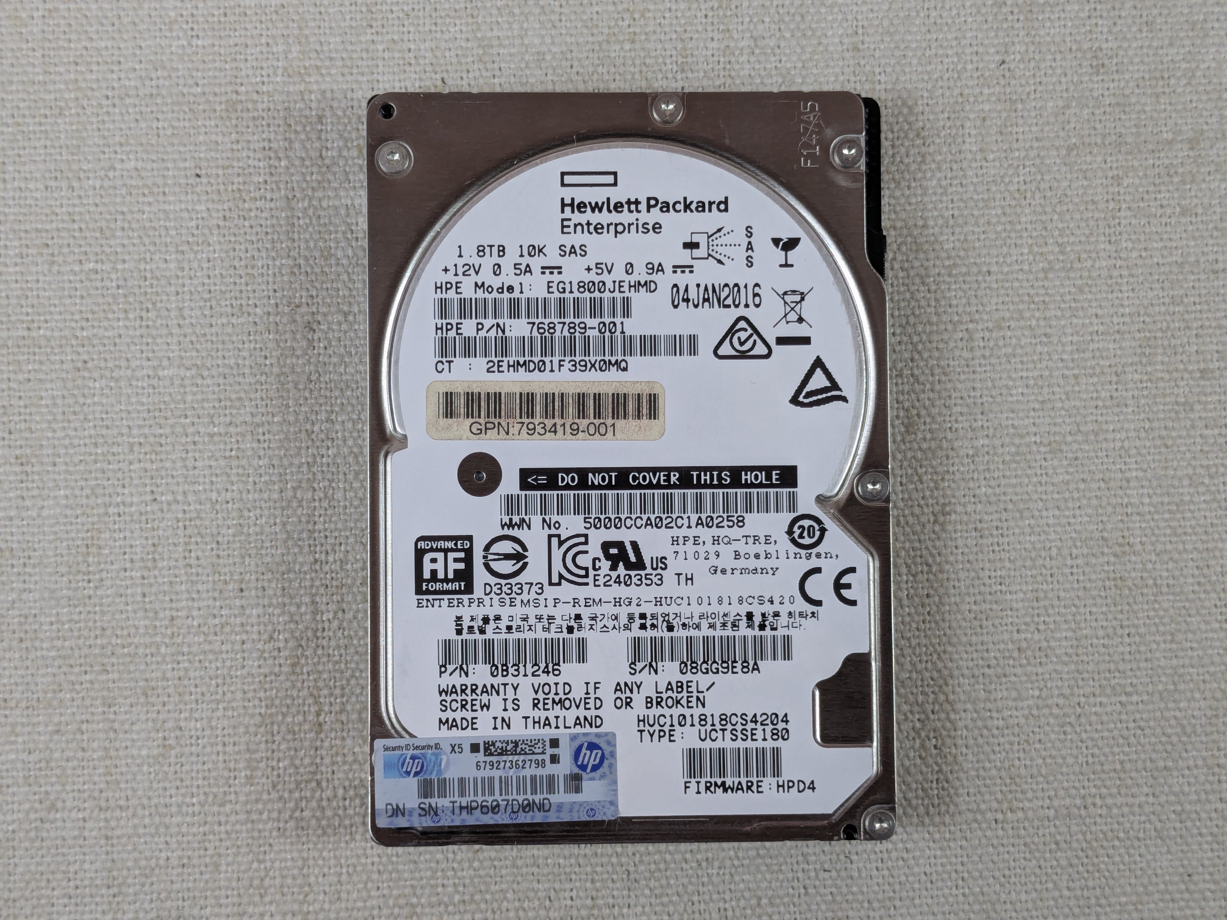 HP 768789-001 1.8TB SAS 10K 12G 512e Hard Drive No Tray
