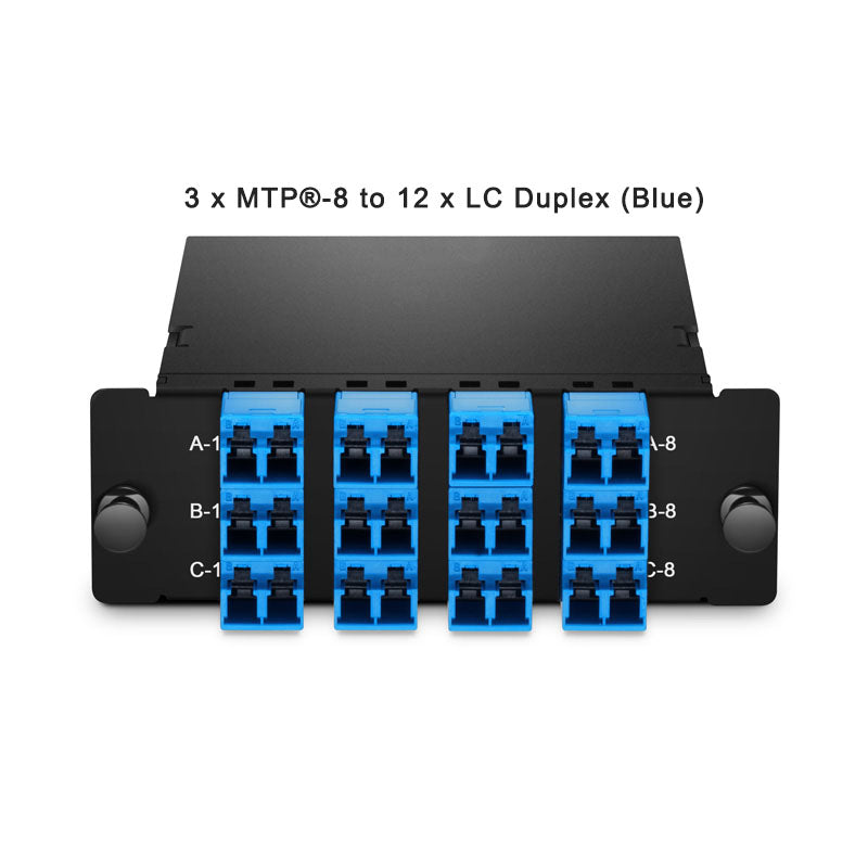 FHD MTP®-LC Cassette, OS2 Single Mode, Universal, 24 Fibers, 3 x MTP®-8 (Male) to LC (Blue), 0.35dB max