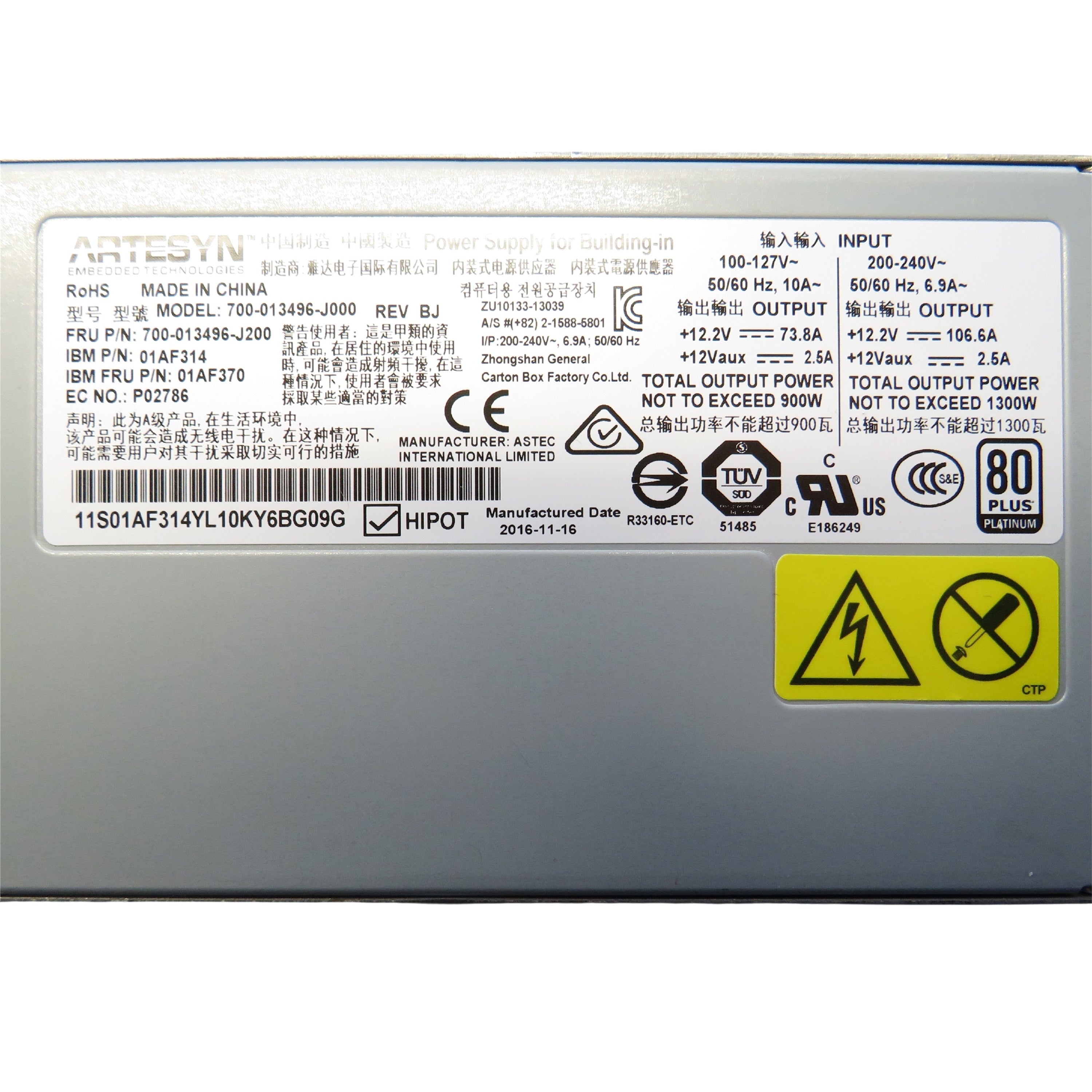 IBM 01AF370 01AF314 700-013496-J200 1300W FlashSystem Power Supply (Refurbished)