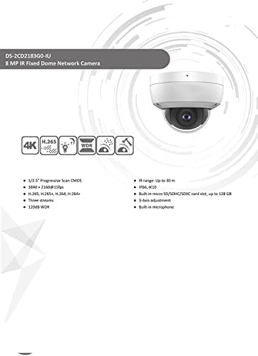 DS-2CD2183G2-I 4K 8MP AcuSense Vandal Fixed Dome POE IP Camera Outdoor, 2.8mm Wide Angle, 3-Axis, WDR, IP67, IK10