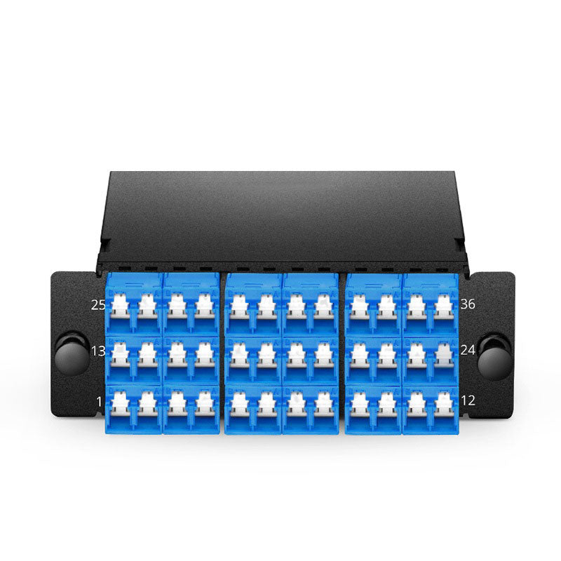 FHD MTP®-LC Cassette, OS2 Single Mode, Type A or AF, 36 Fibers, 3 x MTP®-12 (Male) to 18 x Shuttered LC Duplex (Blue), 0.35dB max