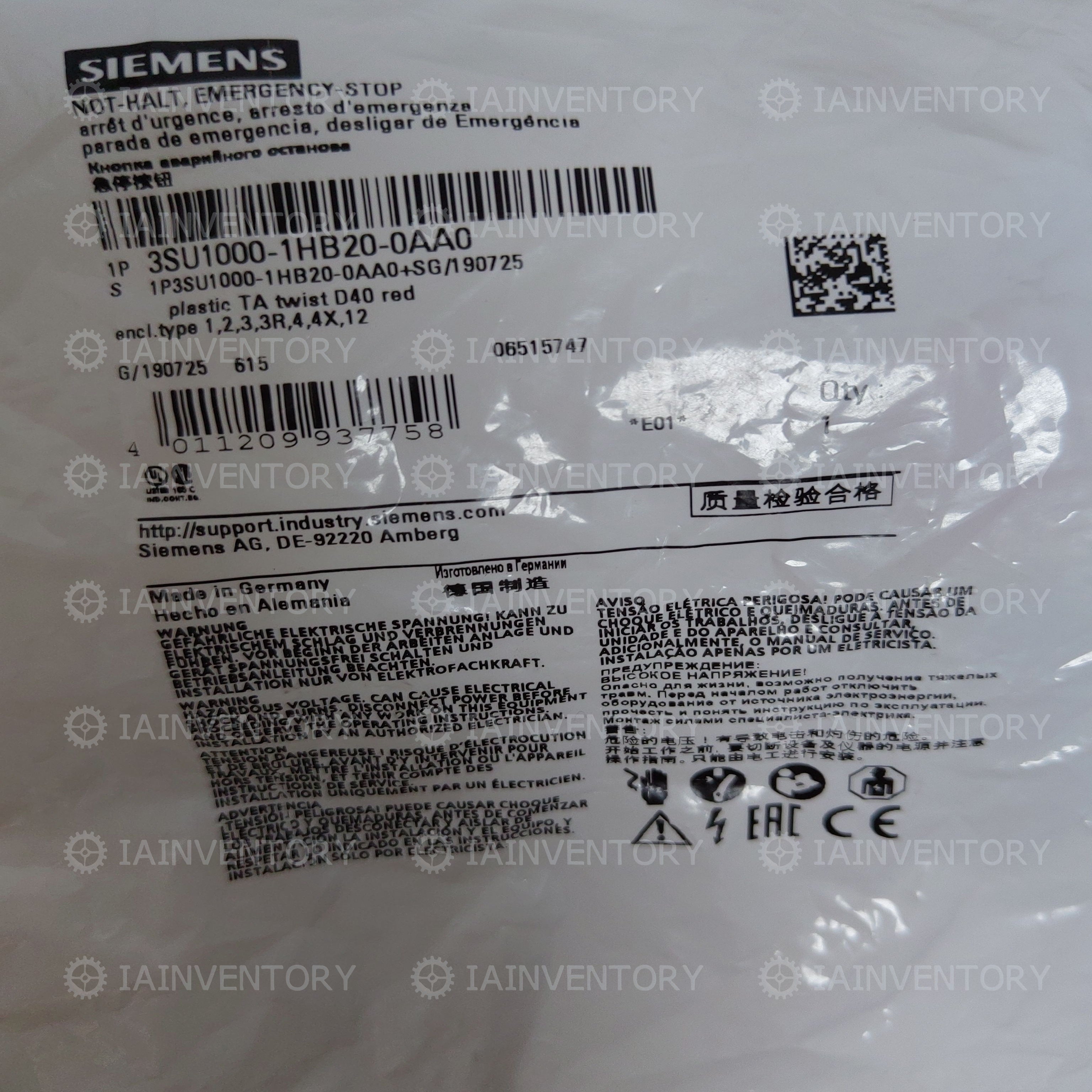 Siemens emergency stop switch 3SU1000-1HB20-0AA0