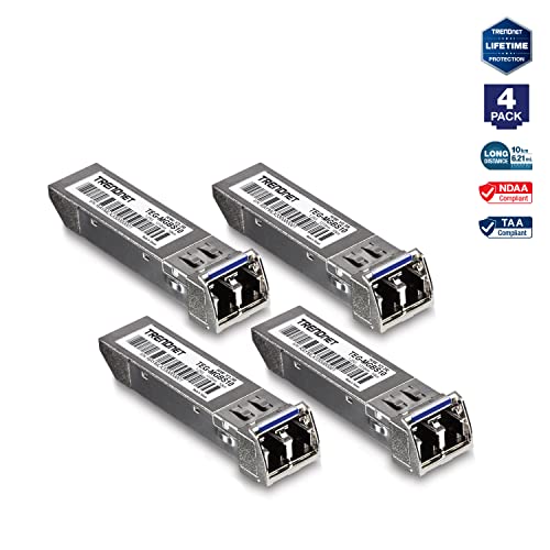 TRENDnet SFP Multi-Mode LC Module 4-Pack, TEG-MGBSX/4, Transmission Up to 550m (1804 Ft, Mini-GBIC, Hot Pluggable, IEEE 802.3z Gigabit Ethernet, Supports Up to 1.25 Gbps, Lifetime Protection
