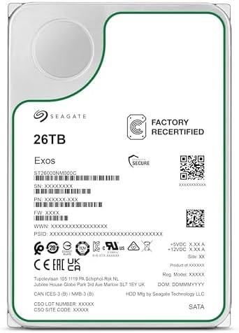 Seagate (Recertified Exos 26TB Internal Hard Drive HDD - 3.5 in CMR SATA 6Gb/s, 7200 RPM, 512MB Cache, 2.5M MTBF (ST26000NM000C , Renewed