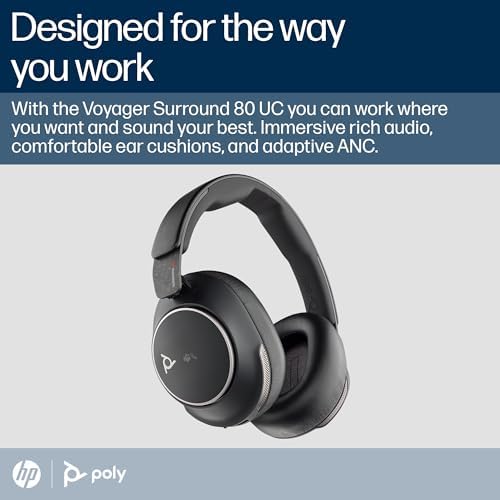 Poly Voyager Surround 80 UC Bluetooth Headset (Plantronics – Noise-Canceling Mics for Clear Calls – Adaptive ANC – Works w/iPhone, Android, PC/Mac, Zoom, Microsoft Teams (Certified –Amazon Exclusive