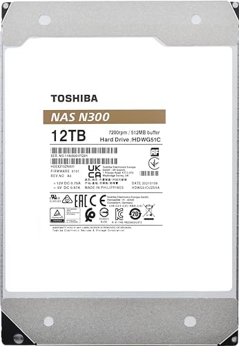 Toshiba N300 16TB NAS 3.5-Inch Internal Hard Drive - CMR SATA 6 GB/s 7200 RPM 512 MB Cache - HDWG51GXZSTA