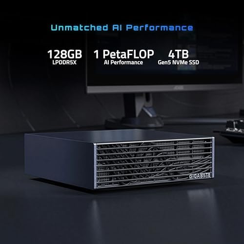 GIGABYTE AI TOP Atom Personal AI Supercomputer, Arm Cortex-X295 + Cortex A725, NVIDIA® Blackwell Architecture, 128GB LPDDR5X, 4TB PCIe 5.0 NVMe SSD, NVIDIA DGX™ OS, Black