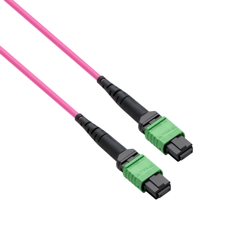 Pre-terminated MPO 2x2 Shuffle Breakout Cable, 16 Fibers, 2 x MPO-8 APC (Female) to 2 x MPO-8 APC (Female), Multimode (OM4), Type 2, LSZH/OFNP, 0.35dB Max, Breakout 80cm, Magenta