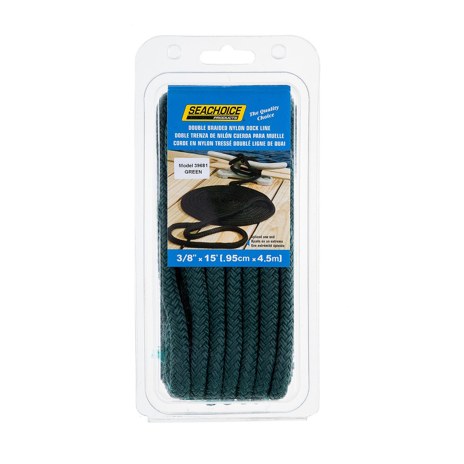 Seachoice Double-Braid Nylon Dock Line w/ Eye Splice, Pre-Shrunk, Heat Stabilized, 3/8 In. X 15 Ft., Forest Green