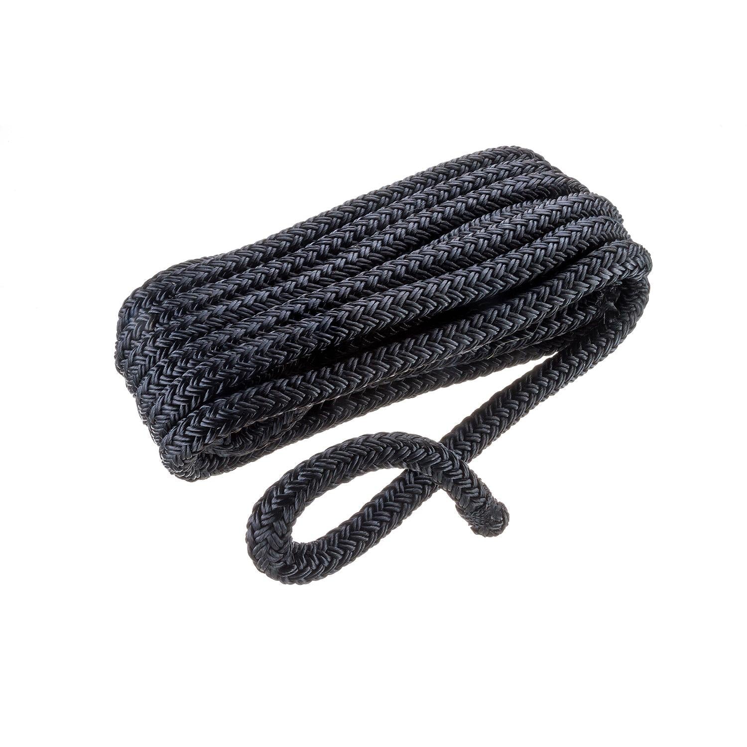 Seachoice Double-Braid Nylon Dock Line w/ Eye Splice, Pre-Shrunk, Heat Stabilized, 1/2 In. X 15 Ft., Black
