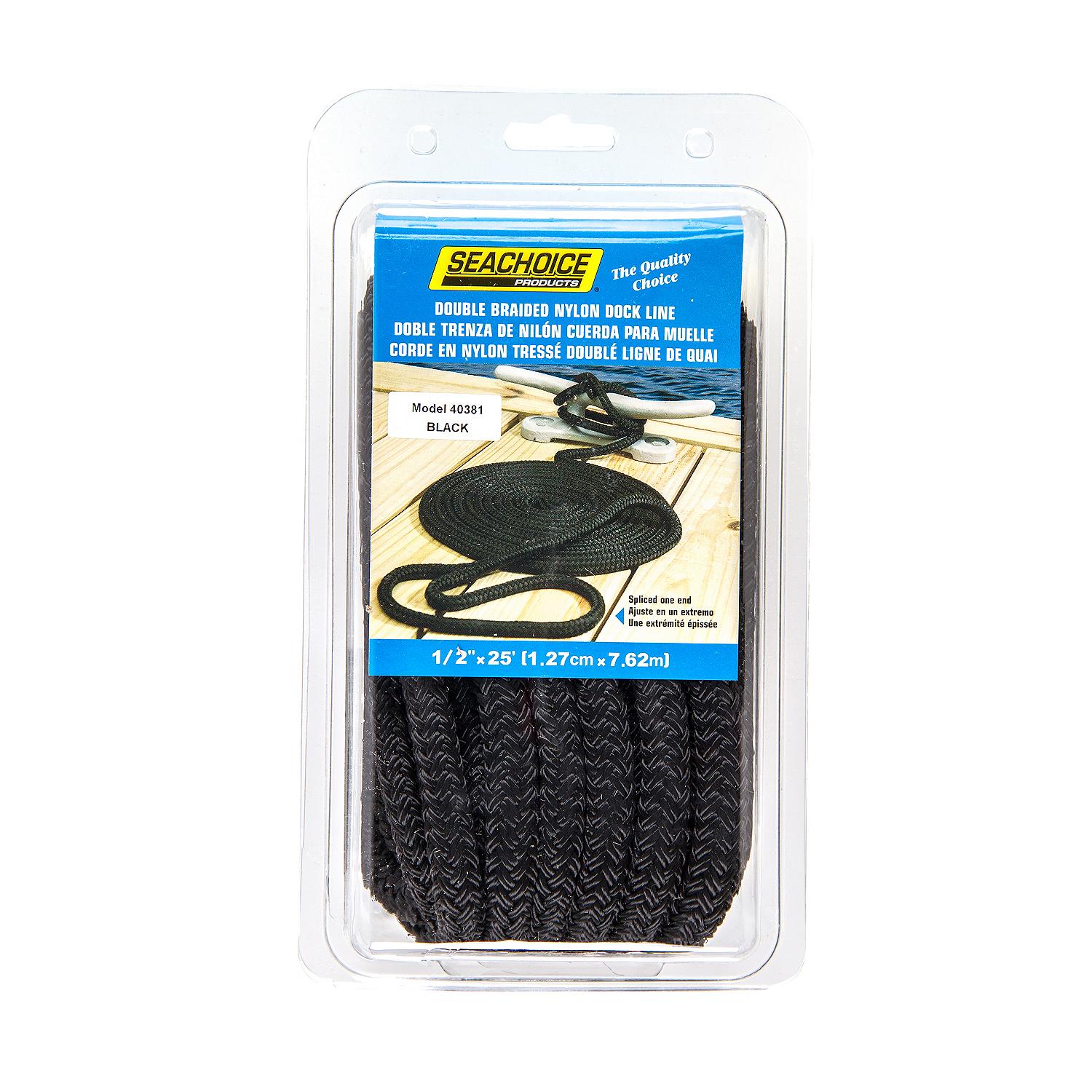 Seachoice Double-Braid Nylon Dock Line w/ Eye Splice, Pre-Shrunk, Heat Stabilized, 1/2 In. X 25 Ft., Black