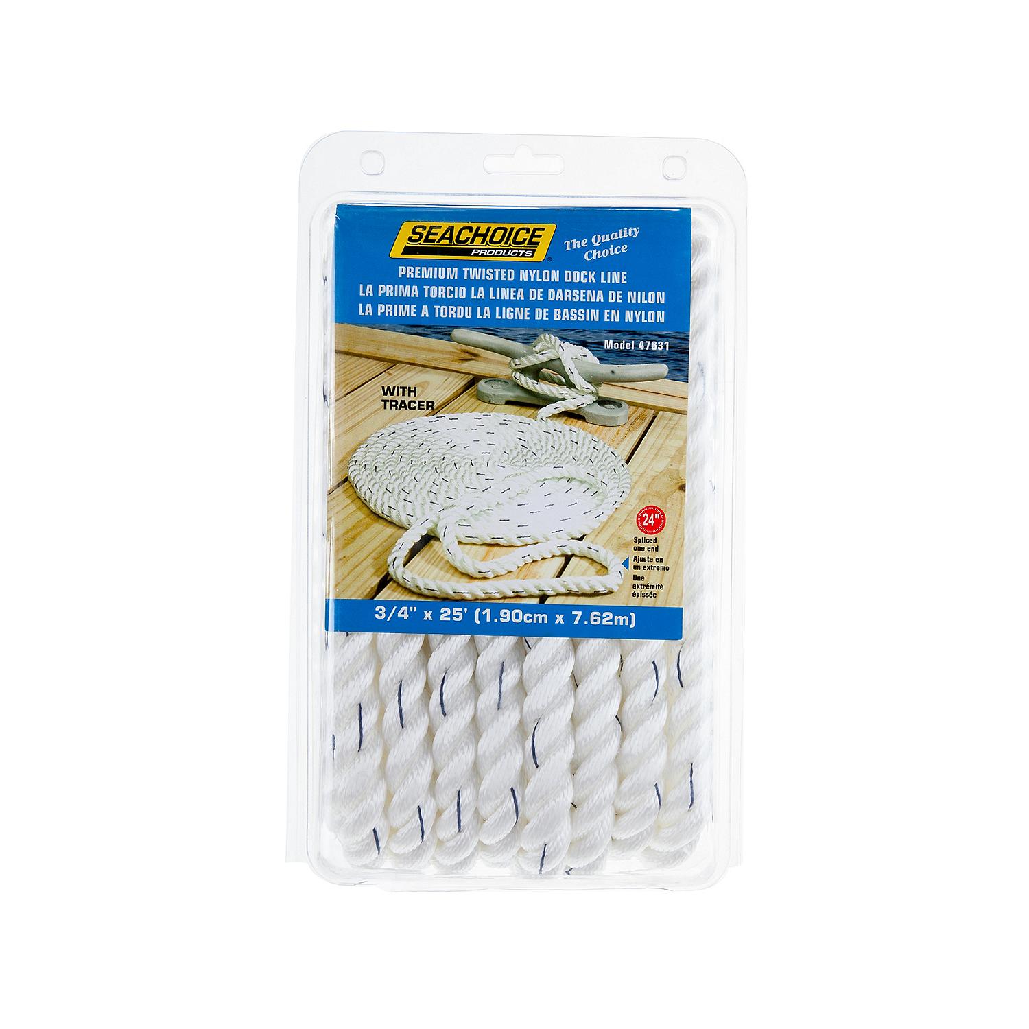 Seachoice 47631 Premium 3 Strand Twisted Nylon Dock Line, White w/ Blue Tracer, 3/4" x 25'