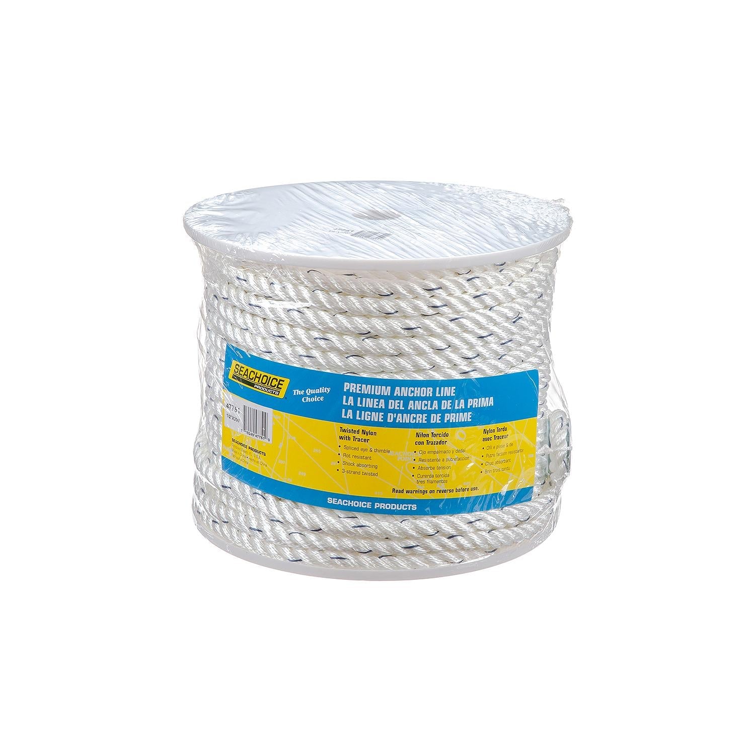 Seachoice 47751 Premium 3-Strand Twisted Nylon Anchor Line White w/ Blue Tracer, 1/2" x 200'