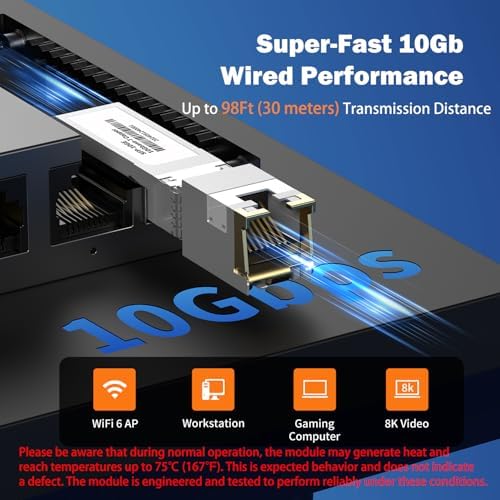 [4 Pack] 10Gb SFP+ to RJ-45 Module Transceiver 98Ft (30m, SFP+ Copper Ethernet for CAT6a /7 Transceivers Compatible with 5Gb/ 2.5Gb/ 1Gb, NOT Compatible with Brand Dell, Aruba, HP, H3C