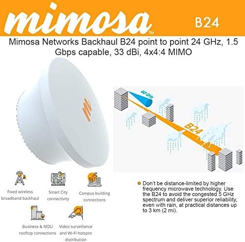 Mimosa Backhaul B24 Point-to-Point 24 GHz, 1.5 Gbps Capable, 33 dBi, 4x4:4 MIMO, PoE Power Supply, Gigabit ethernet (RJ45 and gigabit Fiber (SFP cage, Operation Modes: Hot Standby