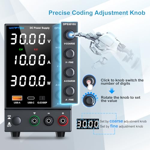DC Power Supply Variable 0-30V 0-10A, Adjustable Switching Regulated Bench Power Supplies with Encoder Coarse & Fine Knob, 3.6A USB & Type-C Quick-Charge, OCP Overcurrent Protection