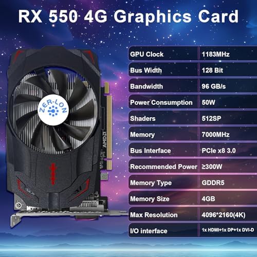 Radeon RX 550 4GB Graphics Card, GDDR5 128 Bit PCIE 3.0 Computer Gaming Gpu, 1183MHz Video Card with HDMI/DP/DVI Ports Support 4K