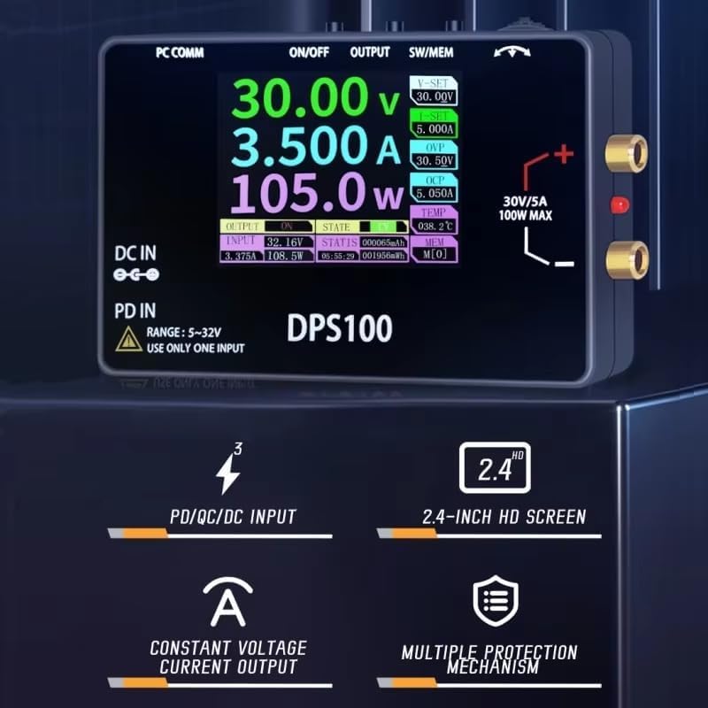 DPS100 Laboratory DC Power Supply, 30V 5A Adjustable, 100W max，with 2.4-inch IPS Display, <20mV Power Ripple, PD/QC/DC Input, Mini Portable Switching Power Supply (NO Power Adapter