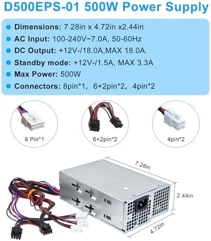 D500EPS-01 500W Power Supply L500EPS-01 VFFKJ Compatible with Dell XPS 8950 Vostro 3901 3910 Inspiron 3910 D12 Latitude D500 Optiplex 7000MT HU500EPS-00 HU500EPS-01 DPS-500AB-58A Power Supply