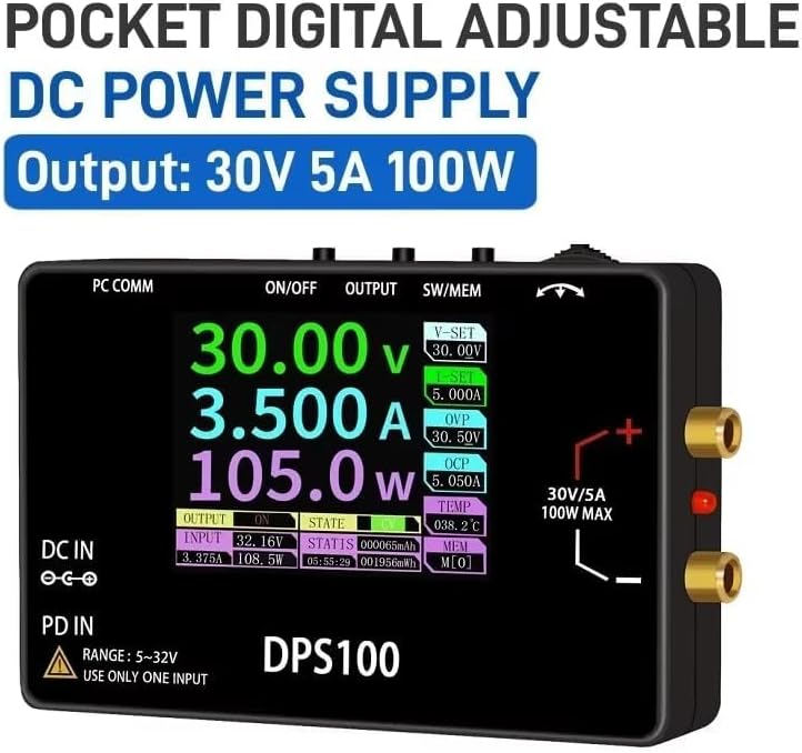 DPS100 Laboratory DC Power Supply, 30V 5A Adjustable, 100W max，with 2.4-inch IPS Display, <20mV Power Ripple, PD/QC/DC Input, Mini Portable Switching Power Supply (NO Power Adapter