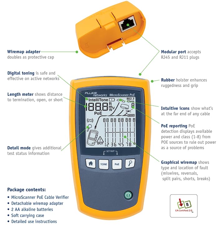 Fluke Networks - 5018508 MS-POE MicroScanner Copper Cable Verifier and PoE tester for RJ-45 Category 5-6A Ethernet Cables, Identifies Supplied Class 0-8 Power from Ethernet PSE Devices