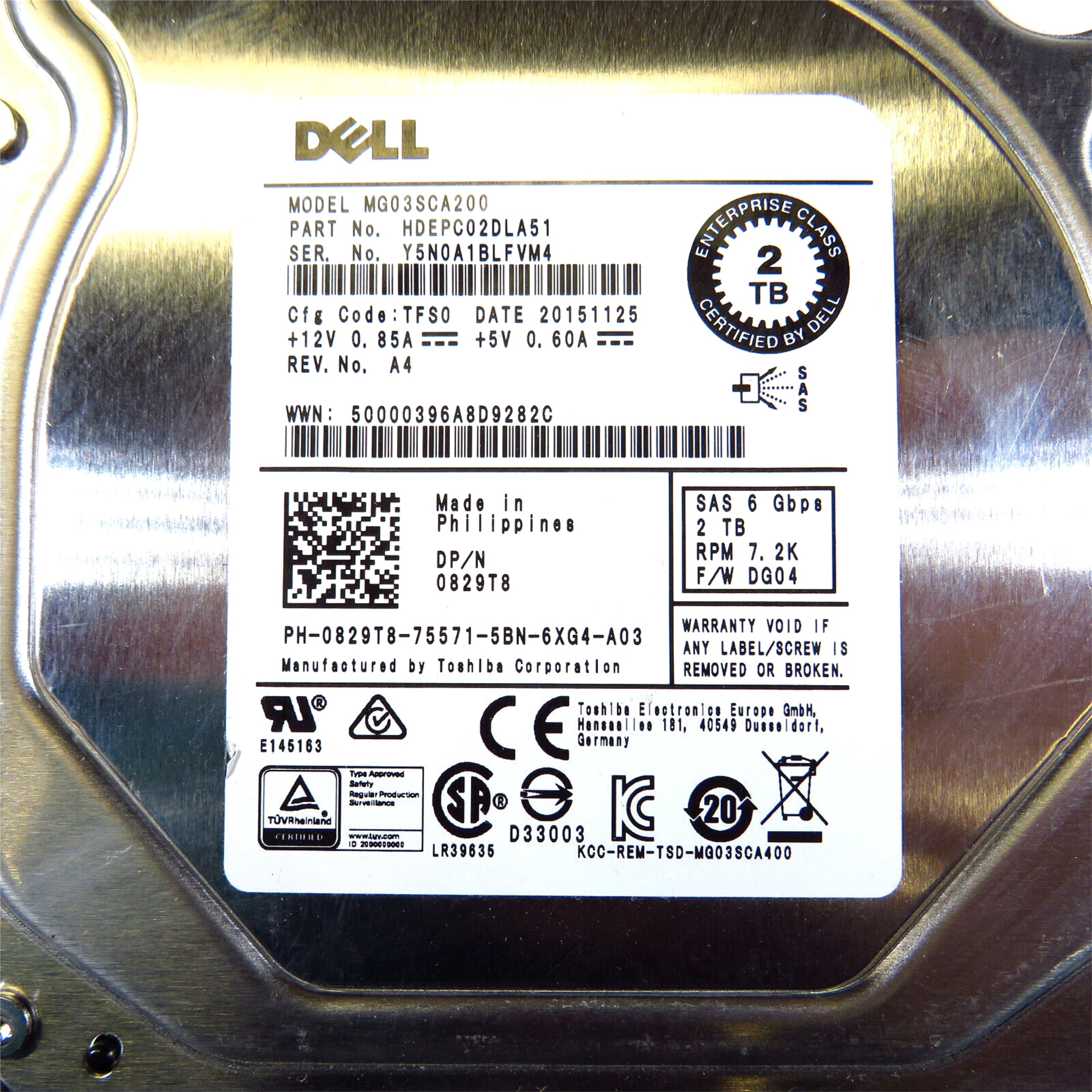 Dell 829T8 3.5" 2TB 7200RPM SAS 6Gb/s Hard Disk Drive (HDD), Silver (Refurbished)