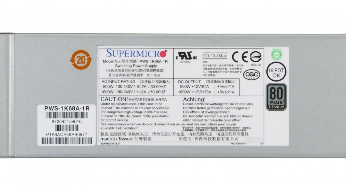 Supermicro PWS-1K68A-1R 1U 1600W Redundant Titanium Power Supply 76.5mm Width 27Pair
