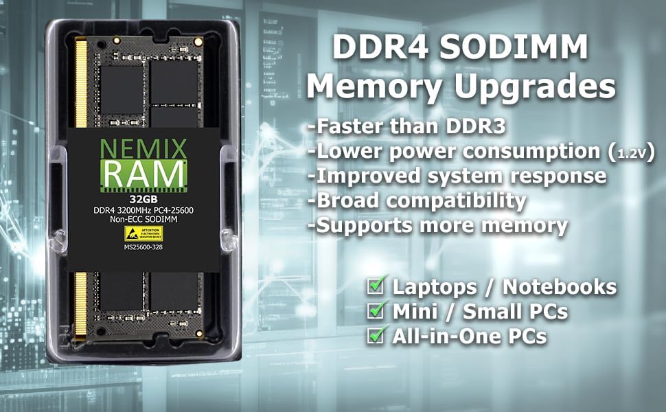 64GB 2X32GB DDR4 3200MHZ, 2933MHZ or 2666MHZ 260-PIN 1.2V Non-ECC Unbuffered SODIMM NEMIX RAM Laptop PC Memory KIT