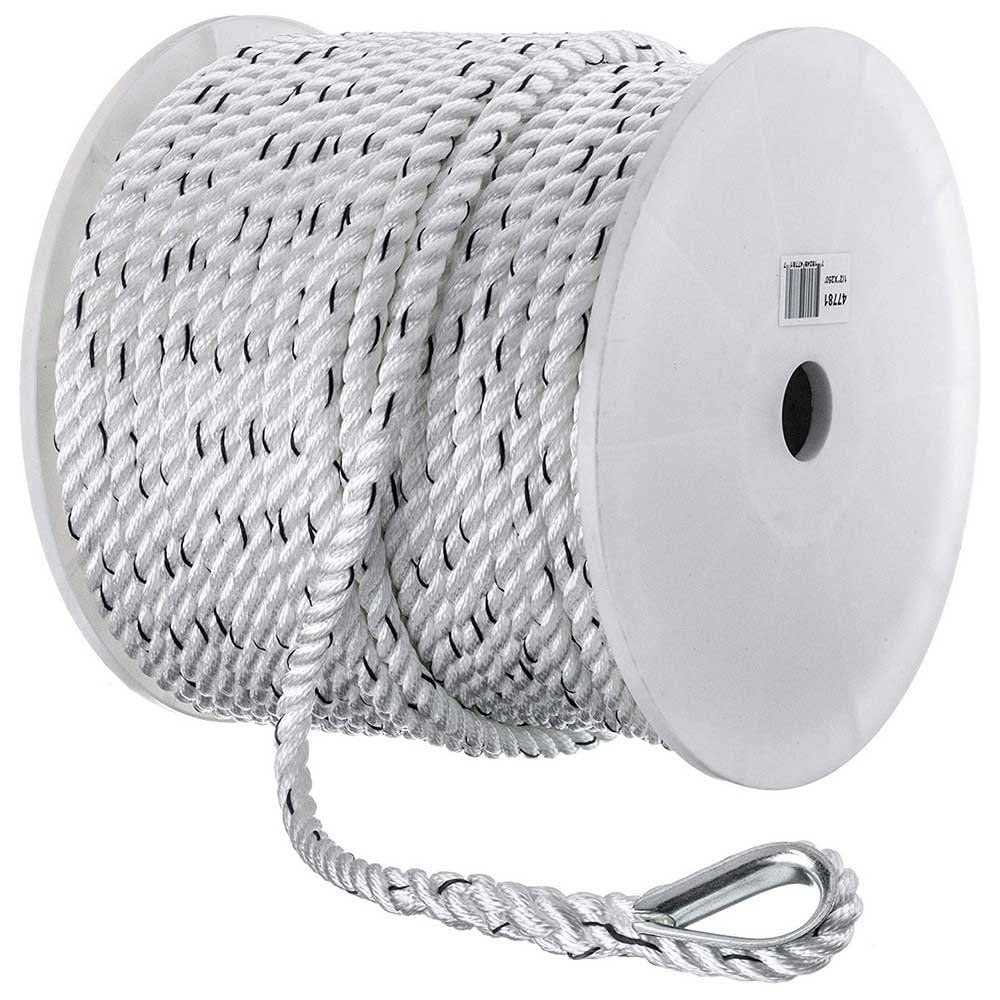 Seachoice 47781 Premium 3-Strand Twisted Nylon Anchor Line White w/ Blue Tracer, 1/2" x 250'