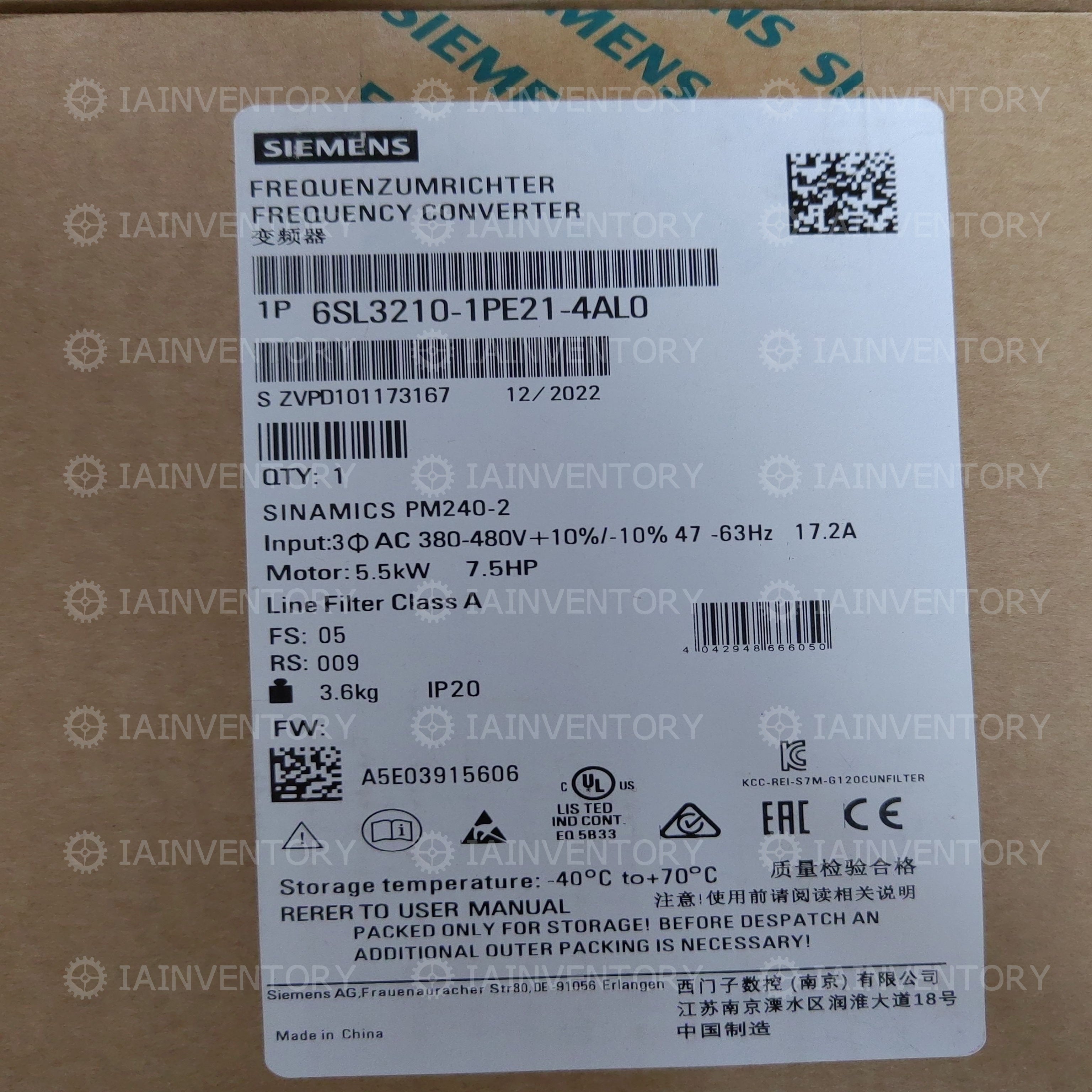Siemens Power Module PM240-2 5.5KW 6SL3210-1PE21-4AL0 Sealed