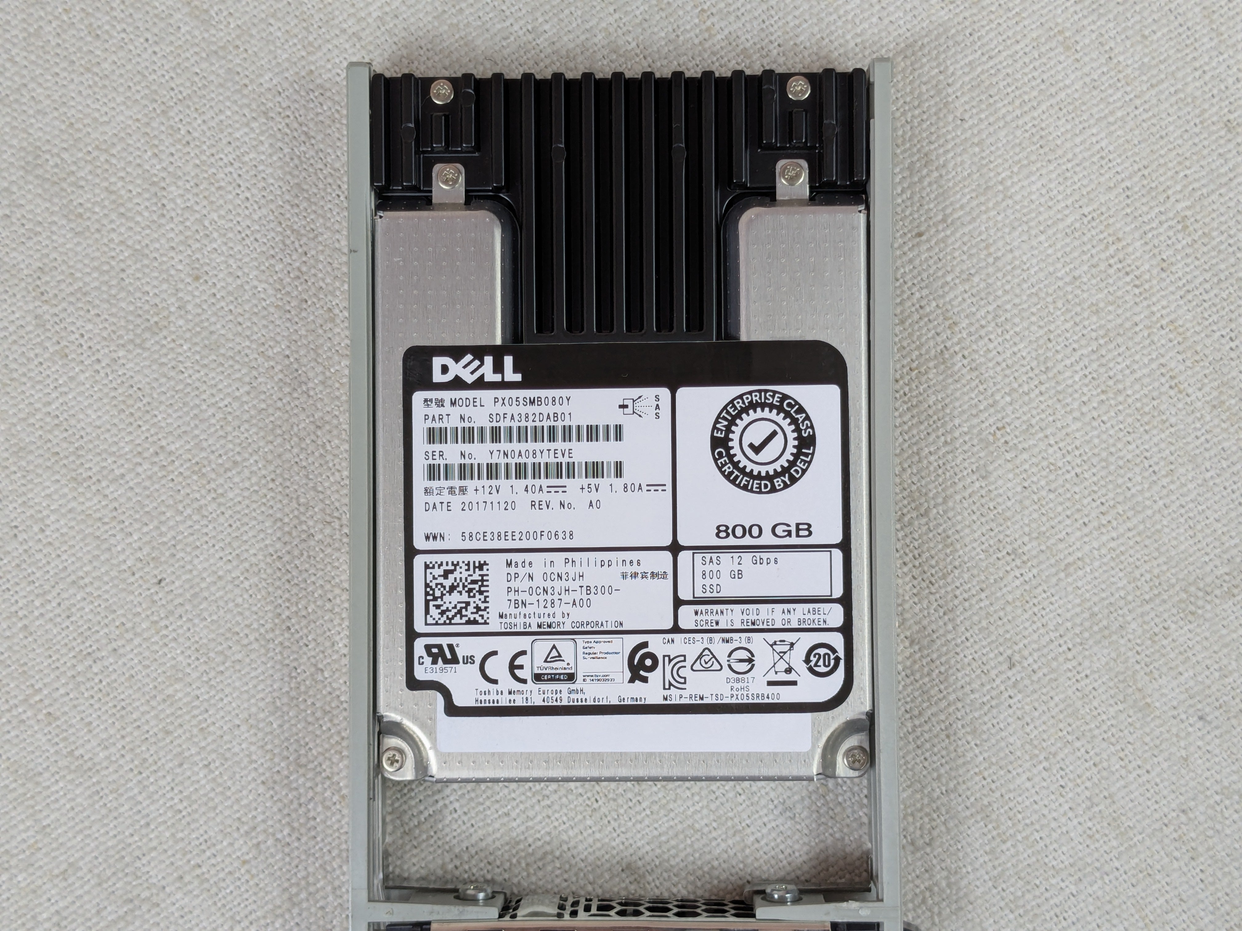 Dell CN3JH 800GB 12Gb/s 2.5" SAS Write Intensive SSD PX05SMB080Y w/ 13G Tray